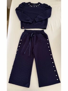 Simply Southern Navy Quilted Joggers & Sweatshirt Set with Pearl Trim